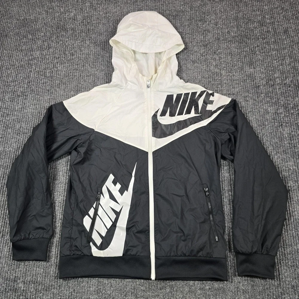 Nike Jacket‎ Youth Large Black White Windrunner Hooded Full Zip Colorblock Logo